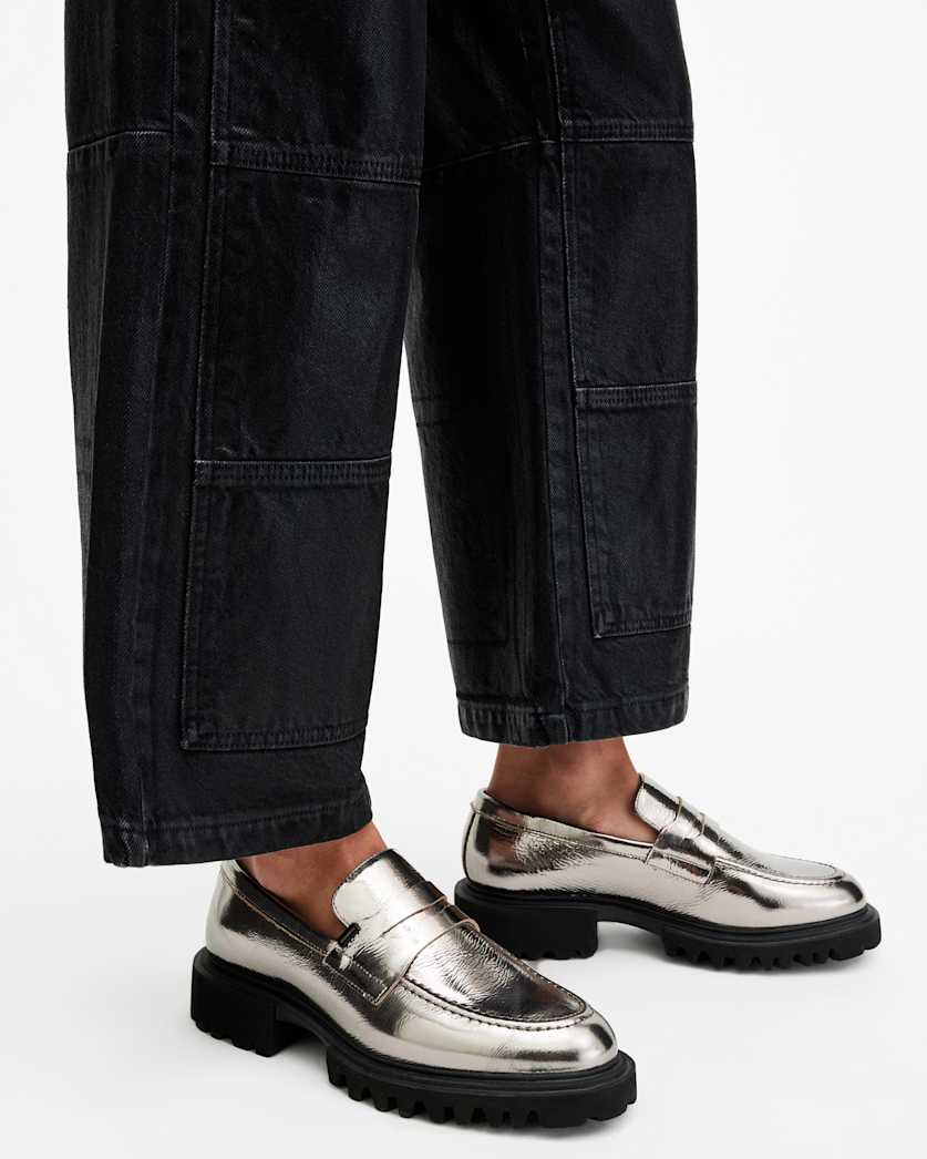 Lola Leather Loafers Gunmetal Grey | ALLSAINTS